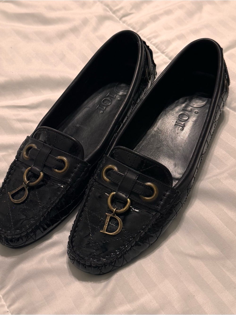 Dior Black Patent Quilted Loafers with Gold D Charm